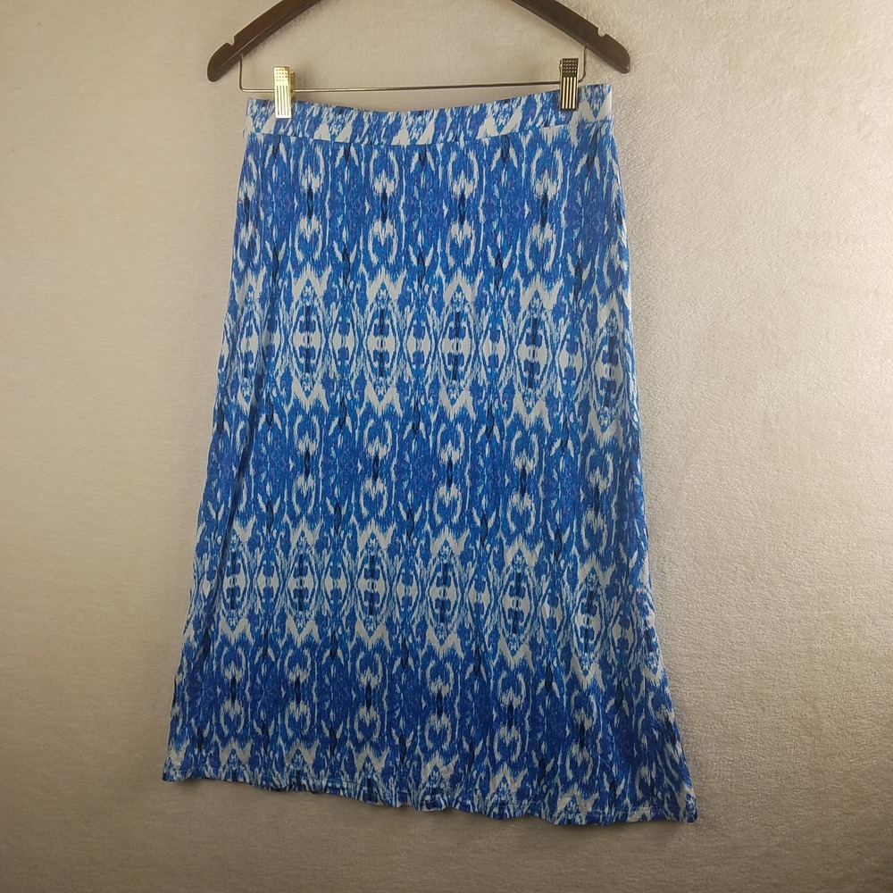 Dalia Collection Blue White Ikat Print Midi Skirt Womens M Jersey A-Line NWOT